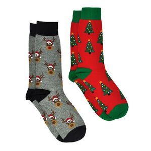 New Men's Christmas Socks Reindeers & Trees & Size 10-13 (2-Pair Set)